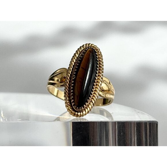 Tiger's Eye Oval Vermeil Overlay 925 Sterling Silver Vintage Ring - sz 6.75 - Picture 1 of 12